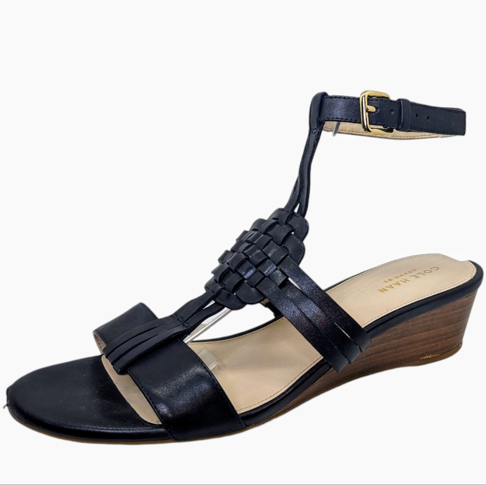 Cole Haan | Findra Black Leather Woven Slide Wedge Sandal Women's Size 9